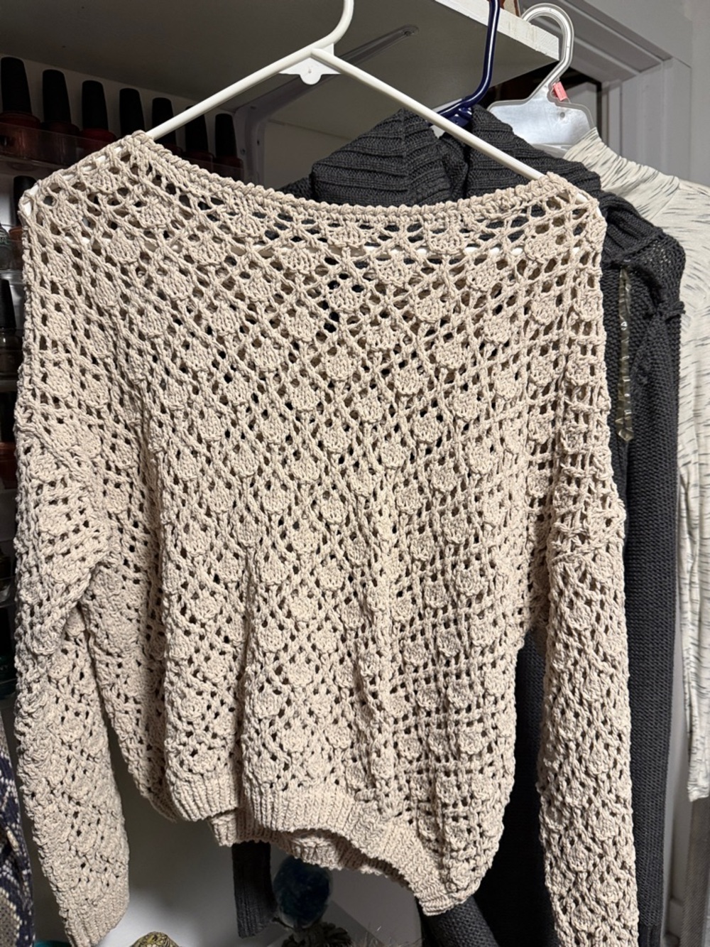 moon & madison Openwork Crochet Scoop Neck Sweater in Beige
